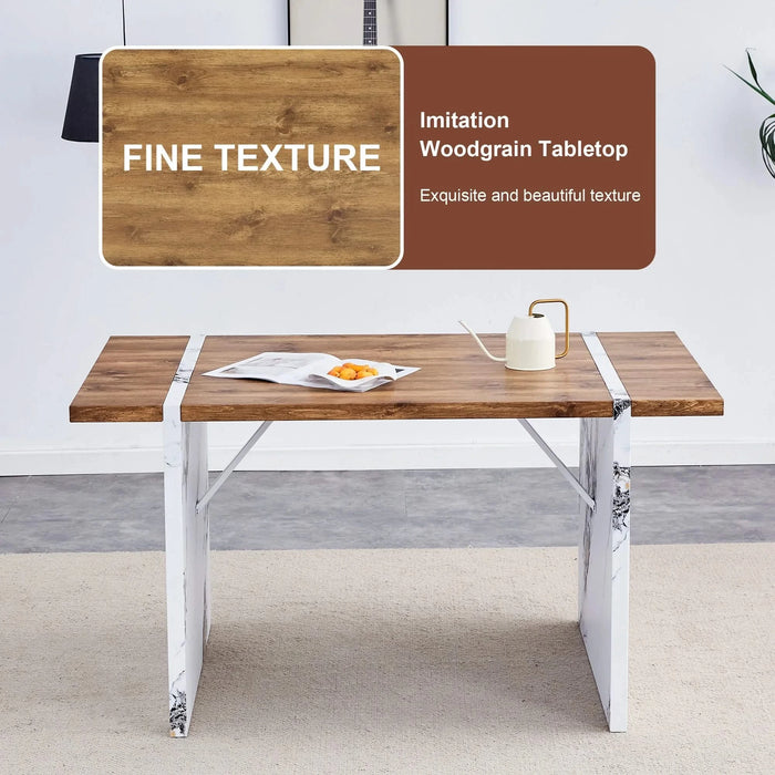 Natural Wood Grain MDF Dining Table - 55'x31.5' Stable Design.Suitable For Various Modern Home Decor Styles.Splicing structure design,Wood Textured Desktop,White Marble Patterned Table Legs. Default -DTYStore