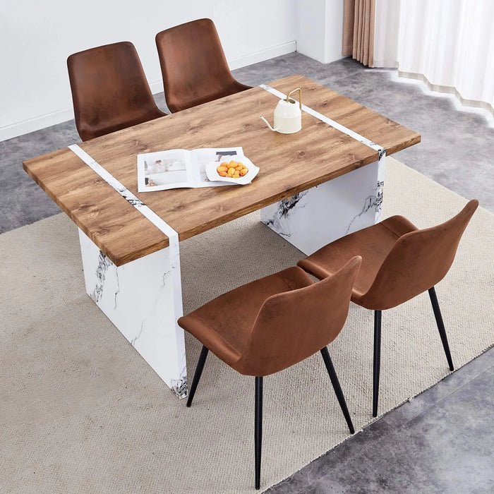 Natural Wood Grain MDF Dining Table - 55'x31.5' Stable Design.Suitable For Various Modern Home Decor Styles.Splicing structure design,Wood Textured Desktop,White Marble Patterned Table Legs. Default -DTYStore