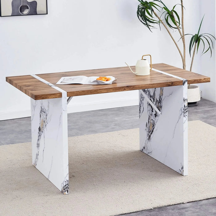 Natural Wood Grain MDF Dining Table - 55'x31.5' Stable Design.Suitable For Various Modern Home Decor Styles.Splicing structure design,Wood Textured Desktop,White Marble Patterned Table Legs. Default -DTYStore