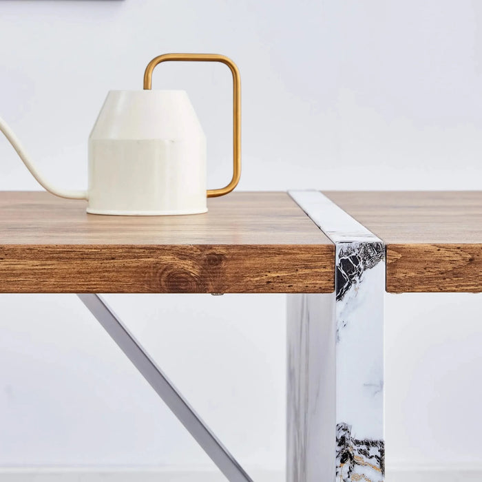 Natural Wood Grain MDF Dining Table - 55'x31.5' Stable Design.Suitable For Various Modern Home Decor Styles.Splicing structure design,Wood Textured Desktop,White Marble Patterned Table Legs. Default -DTYStore