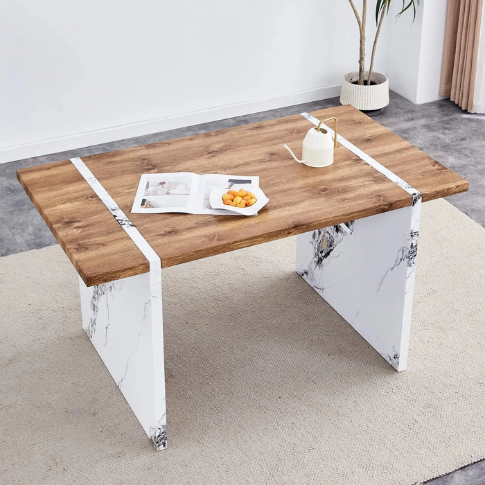 Natural Wood Grain MDF Dining Table - 55'x31.5' Stable Design.Suitable For Various Modern Home Decor Styles.Splicing structure design,Wood Textured Desktop,White Marble Patterned Table Legs. Default -DTYStore