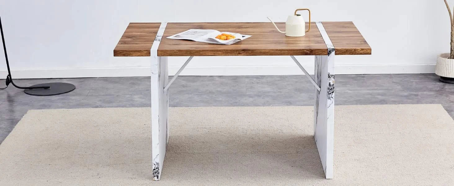 Natural Wood Grain MDF Dining Table - 55'x31.5' Stable Design.Suitable For Various Modern Home Decor Styles.Splicing structure design,Wood Textured Desktop,White Marble Patterned Table Legs. Default -DTYStore