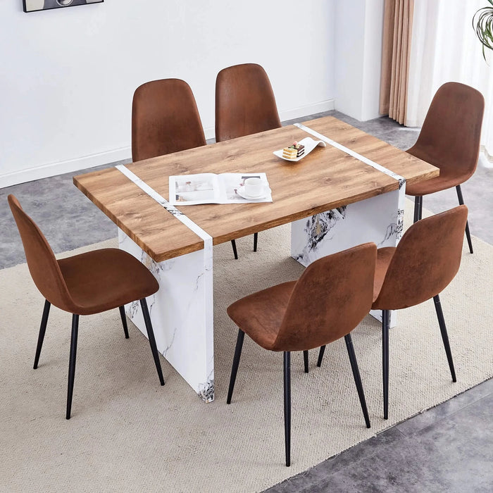 Natural Wood Grain MDF Dining Table - 55'x31.5' Stable Design.Suitable For Various Modern Home Decor Styles.Splicing structure design,Wood Textured Desktop,White Marble Patterned Table Legs. Default -DTYStore