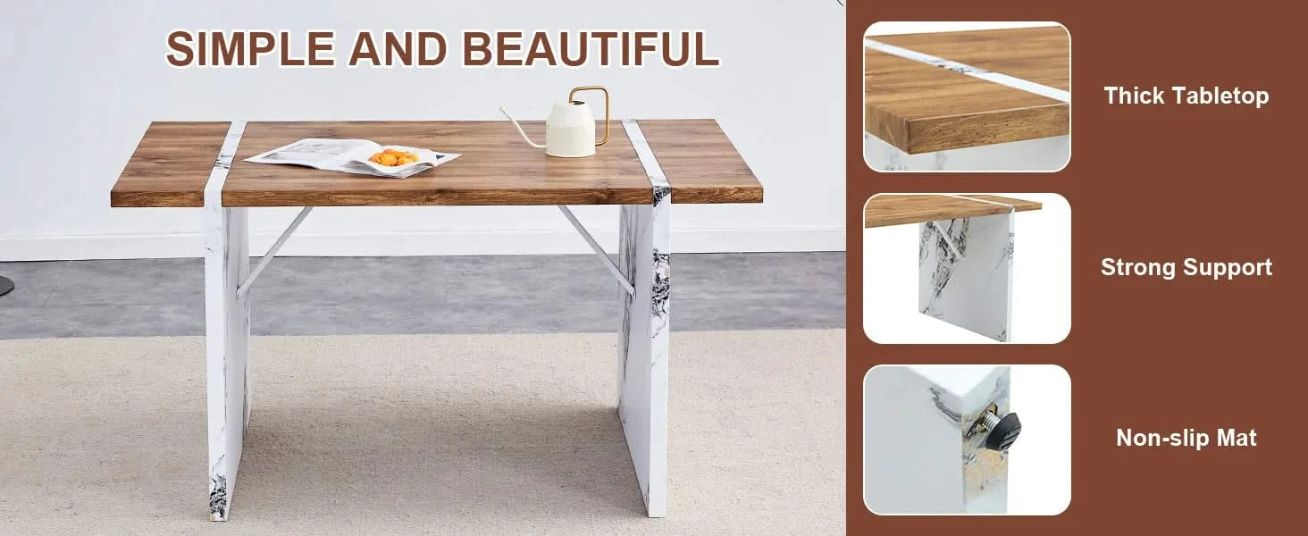 Natural Wood Grain MDF Dining Table - 55'x31.5' Stable Design.Suitable For Various Modern Home Decor Styles.Splicing structure design,Wood Textured Desktop,White Marble Patterned Table Legs. Default -DTYStore