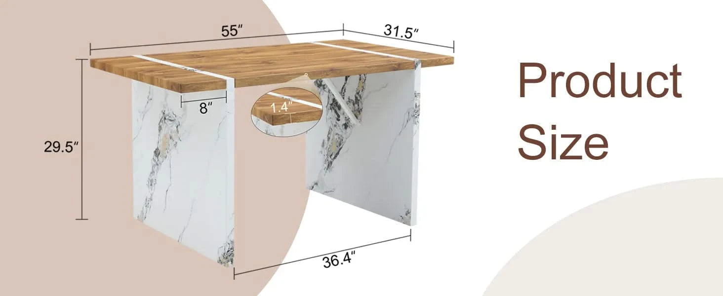 Natural Wood Grain MDF Dining Table - 55'x31.5' Stable Design.Suitable For Various Modern Home Decor Styles.Splicing structure design,Wood Textured Desktop,White Marble Patterned Table Legs. Default -DTYStore