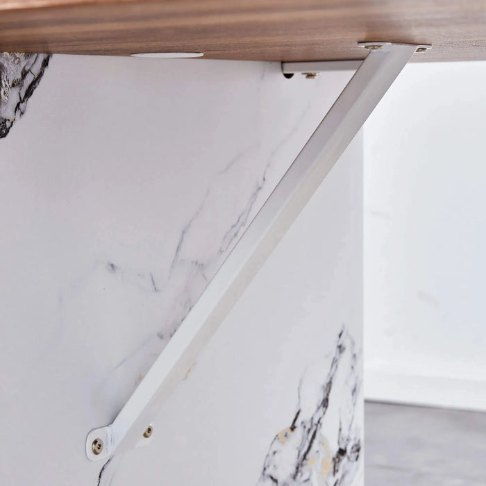 Natural Wood Grain MDF Dining Table - 55'x31.5' Stable Design.Suitable For Various Modern Home Decor Styles.Splicing structure design,Wood Textured Desktop,White Marble Patterned Table Legs. Default -DTYStore