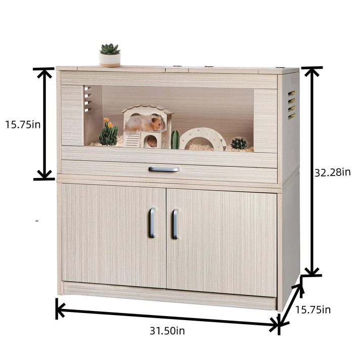 Natural Wood Guinea Pig Cage with Storage Cabinet and Acrylic Windows, Durable Hamster House for Small Pets, 31.5' x 15.75' x 32.28' Default -DTYStore