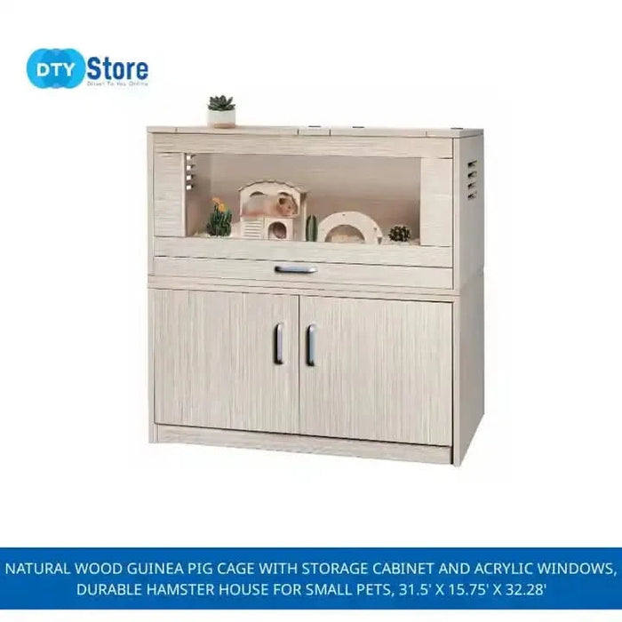 Natural Wood Guinea Pig Cage with Storage Cabinet and Acrylic Windows, Durable Hamster House for Small Pets, 31.5' x 15.75' x 32.28' Default -DTYStore