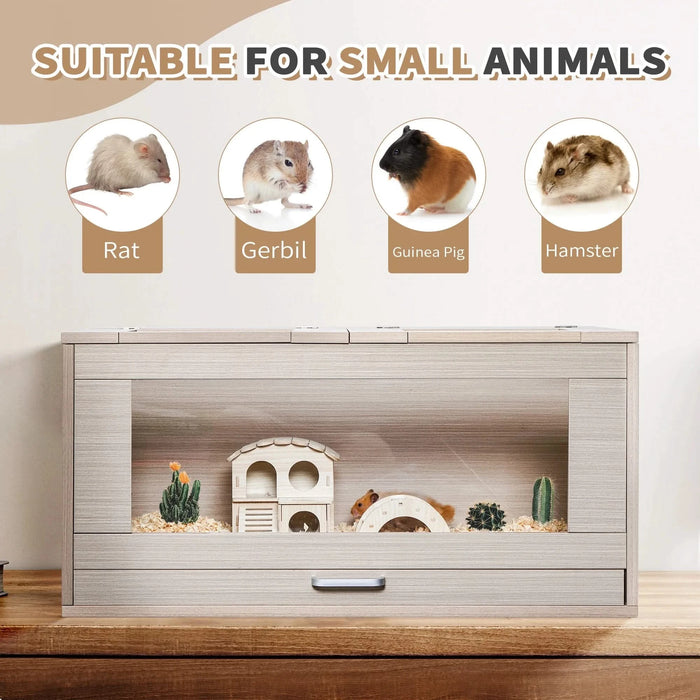 Natural Wood Guinea Pig Cage with Storage Cabinet and Acrylic Windows, Durable Hamster House for Small Pets, 31.5' x 15.75' x 32.28' Default -DTYStore