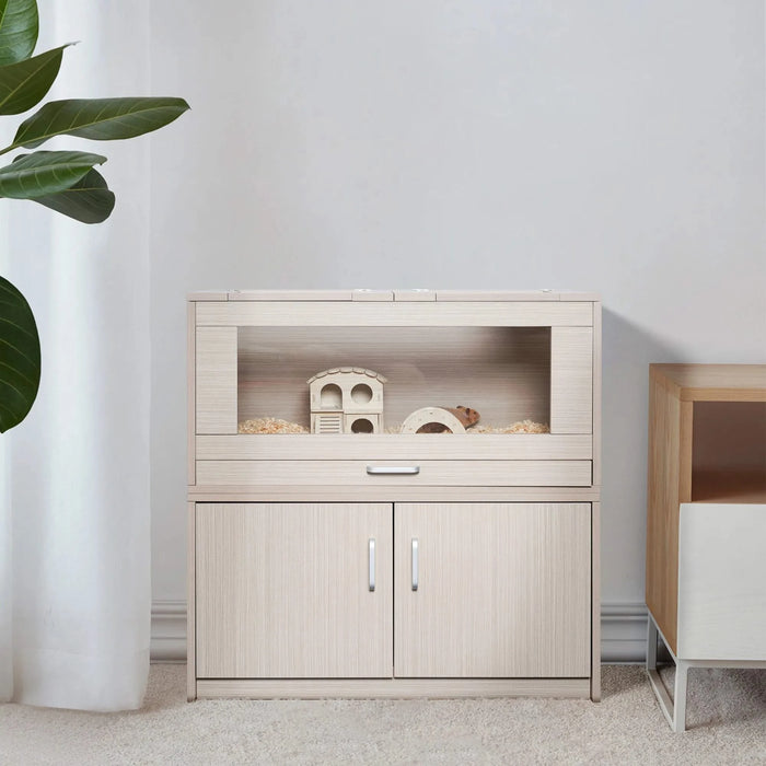 Natural Wood Guinea Pig Cage with Storage Cabinet and Acrylic Windows, Durable Hamster House for Small Pets, 31.5' x 15.75' x 32.28' Default -DTYStore