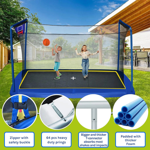 New YC Rectangular Trampoline with Basketball Board, Inflater, and Ladder - Blue Steel 8ft x 12ft ASTM Standard Tested Default -DTYStore
