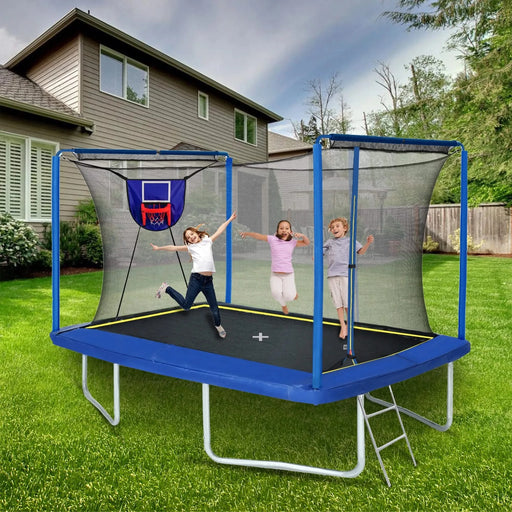 New YC Rectangular Trampoline with Basketball Board, Inflater, and Ladder - Blue Steel 8ft x 12ft ASTM Standard Tested Default -DTYStore