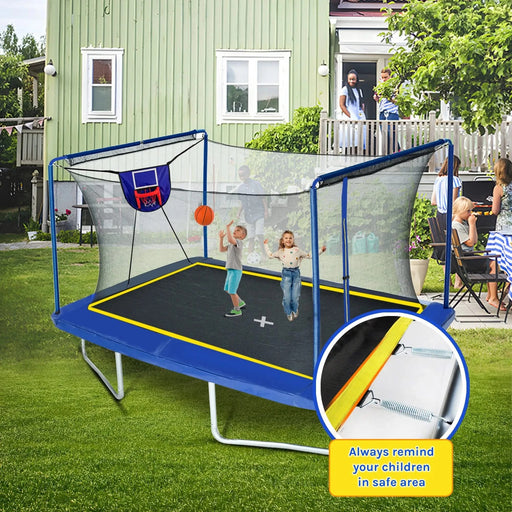 New YC Rectangular Trampoline with Basketball Board, Inflater, and Ladder - Blue Steel 8ft x 12ft ASTM Standard Tested Default -DTYStore