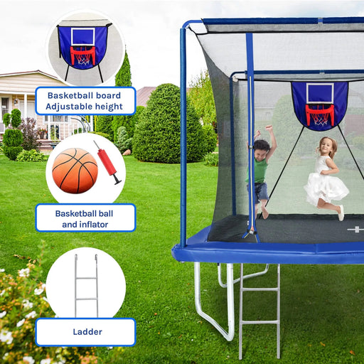 New YC Rectangular Trampoline with Basketball Board, Inflater, and Ladder - Blue Steel 8ft x 12ft ASTM Standard Tested Default -DTYStore