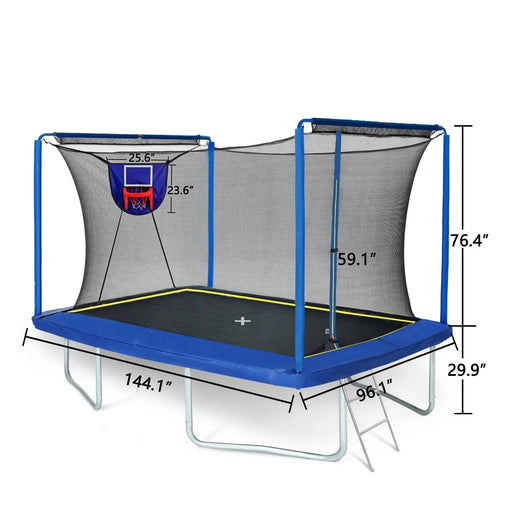 New YC Rectangular Trampoline with Basketball Board, Inflater, and Ladder - Blue Steel 8ft x 12ft ASTM Standard Tested Default -DTYStore