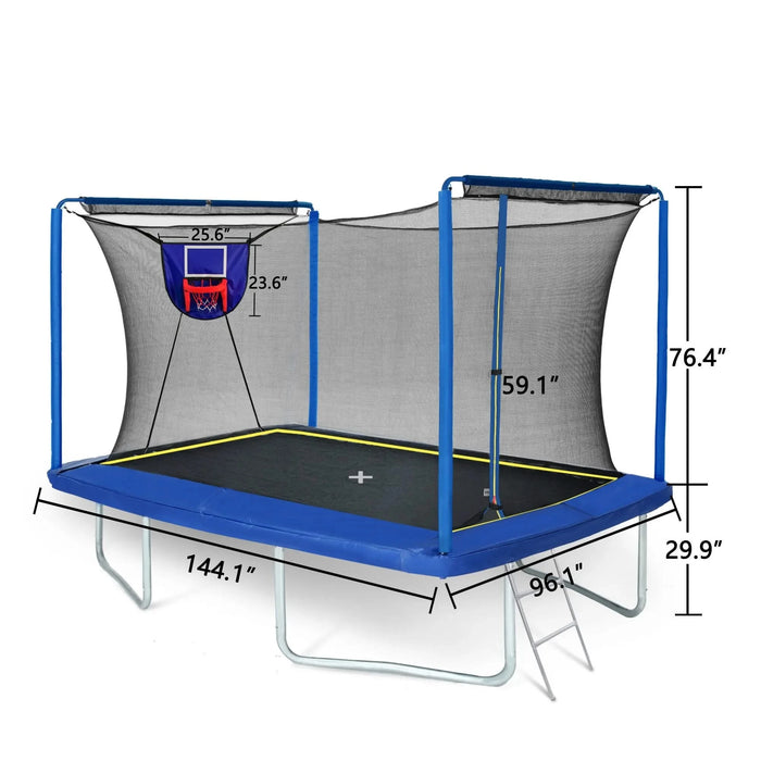 New YC Rectangular Trampoline with Basketball Board, Inflater, and Ladder - Blue Steel 8ft x 12ft ASTM Standard Tested Default -DTYStore