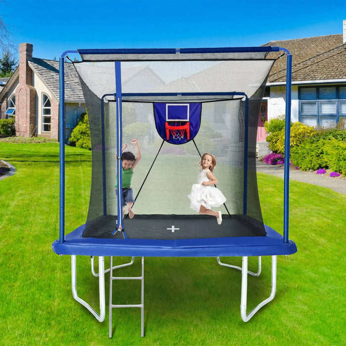 New YC Rectangular Trampoline with Basketball Board, Inflater, and Ladder - Blue Steel 8ft x 12ft ASTM Standard Tested Default -DTYStore