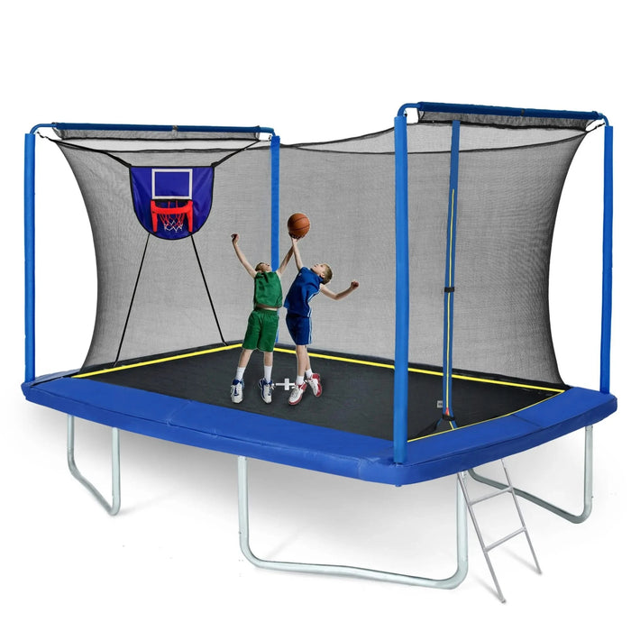 New YC Rectangular Trampoline with Basketball Board, Inflater, and Ladder - Blue Steel 8ft x 12ft ASTM Standard Tested Default -DTYStore