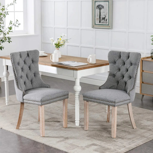 Nikki Collection Modern, High-end Tufted Solid Wood Contemporary Flax Upholstered Linen Dining Chair with Wood Legs Nailhead Trim 2-Pcs Set,Gray, SW6801GY Default -DTYStore