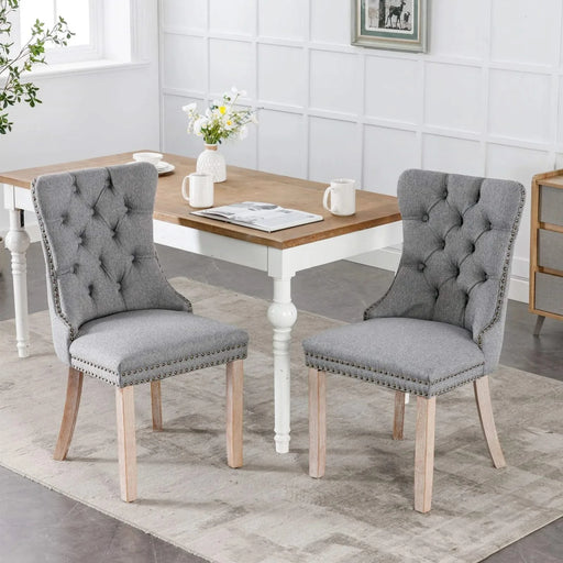 Nikki Collection Modern, High-end Tufted Solid Wood Contemporary Flax Upholstered Linen Dining Chair with Wood Legs Nailhead Trim 2-Pcs Set,Gray, SW6801GY Default -DTYStore