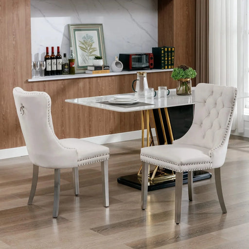 Nikki Collection Modern, High-end Tufted Solid Wood Contemporary Velvet Upholstered Dining Chair with Chrome Stainless Steel Plating Legs,Nailhead Trim,Set of 2，Beige and Chrome, SW1701BG Default -DTYStore