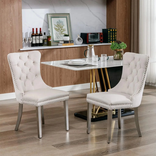 Nikki Collection Modern, High-end Tufted Solid Wood Contemporary Velvet Upholstered Dining Chair with Chrome Stainless Steel Plating Legs,Nailhead Trim,Set of 2，Beige and Chrome, SW1701BG Default -DTYStore