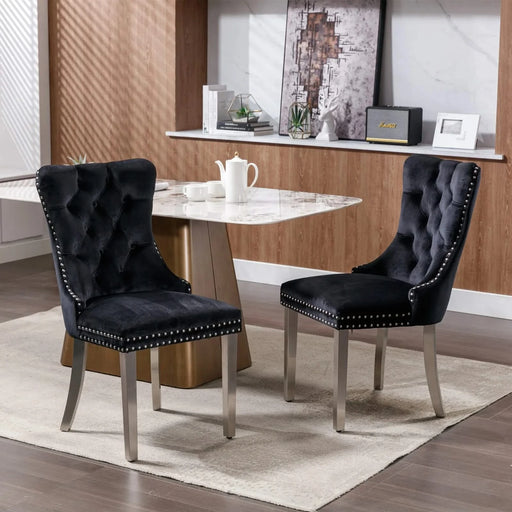 Nikki Collection Modern, High-end Tufted Solid Wood Contemporary Velvet Upholstered Dining Chair with Chrome Stainless Steel Plating Legs,Nailhead Trim,Set of 2,Black and Chrome, SW1701BK Default -DTYStore