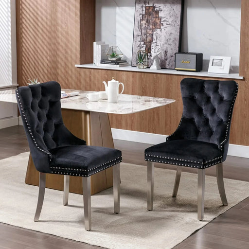 Nikki Collection Modern, High-end Tufted Solid Wood Contemporary Velvet Upholstered Dining Chair with Chrome Stainless Steel Plating Legs,Nailhead Trim,Set of 2,Black and Chrome, SW1701BK Default -DTYStore