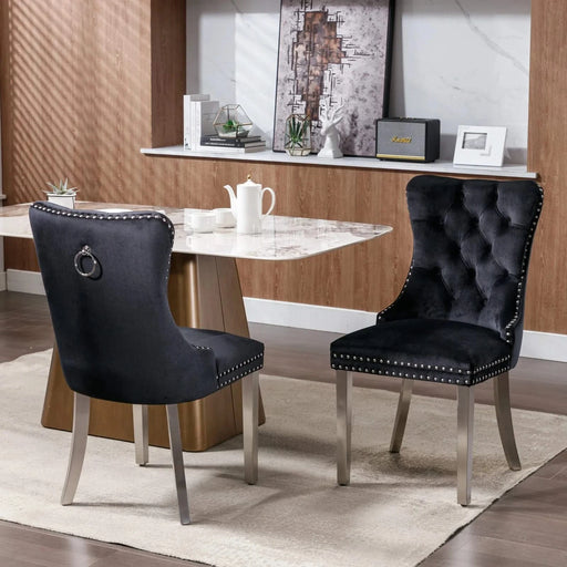 Nikki Collection Modern, High-end Tufted Solid Wood Contemporary Velvet Upholstered Dining Chair with Chrome Stainless Steel Plating Legs,Nailhead Trim,Set of 2,Black and Chrome, SW1701BK Default -DTYStore