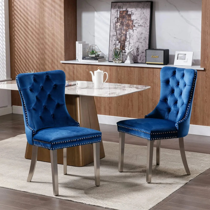 Nikki Collection Modern, High-end Tufted Solid Wood Contemporary Velvet Upholstered Dining Chair with Chrome Stainless Steel Plating Legs,Nailhead Trim,Set of 2,Blue and Chrome, SW1701BL Default -DTYStore