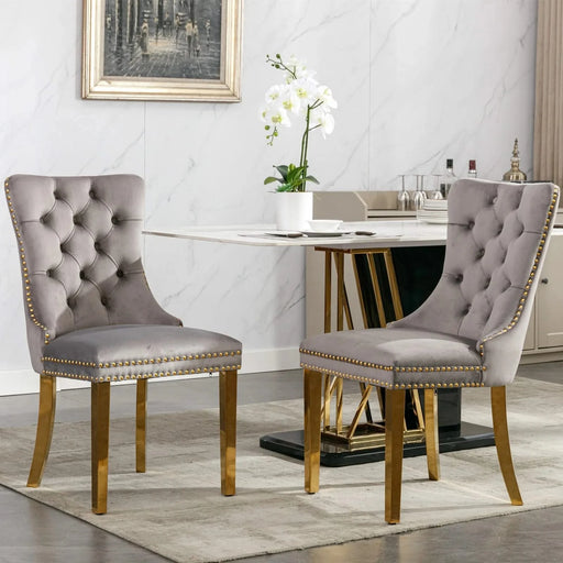 Nikki Collection Modern, High-end Tufted Solid Wood Contemporary Velvet Upholstered Dining Chair with Golden Stainless Steel Plating Legs,Nailhead Trim,Set of 2,Gray and Gold, SW1601GY Default -DTYStore