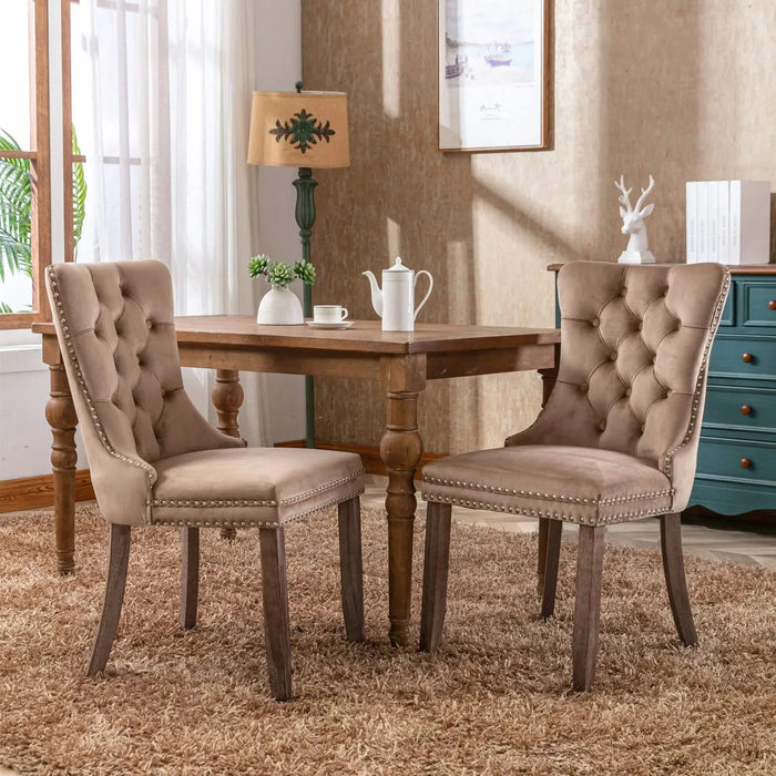 Nikki Collection Modern, High-end Tufted Solid Wood Contemporary Velvet Upholstered Dining Chair with Wood Legs Nailhead Trim 2-Pcs Set, Khaki, SW2001KK Default -DTYStore