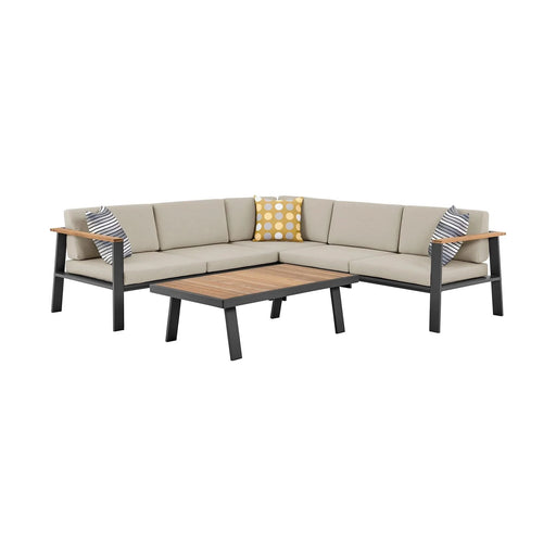 Nofi Outdoor Patio Sectional Set in Charcoal Finish with Taupe Cushions and Teak Wood Default -DTYStore