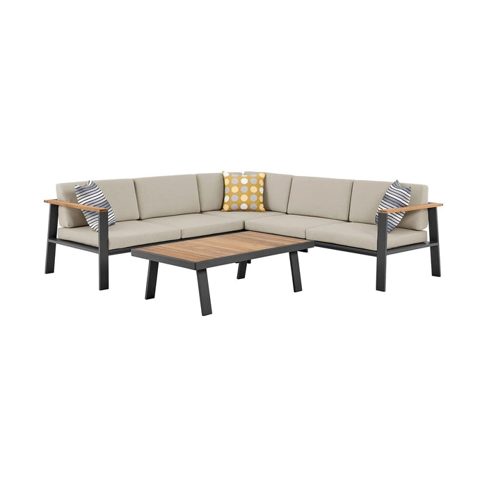 Nofi Outdoor Patio Sectional Set in Charcoal Finish with Taupe Cushions and Teak Wood Default -DTYStore