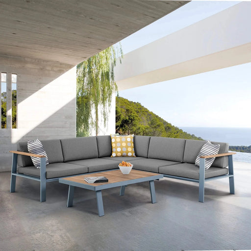 Nofi Outdoor Patio Sectional Set in Gray Finish with Gray Cushions and Teak Wood Default -DTYStore