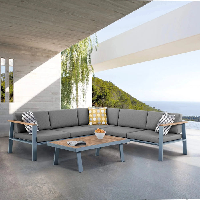 Nofi Outdoor Patio Sectional Set in Gray Finish with Gray Cushions and Teak Wood Default -DTYStore