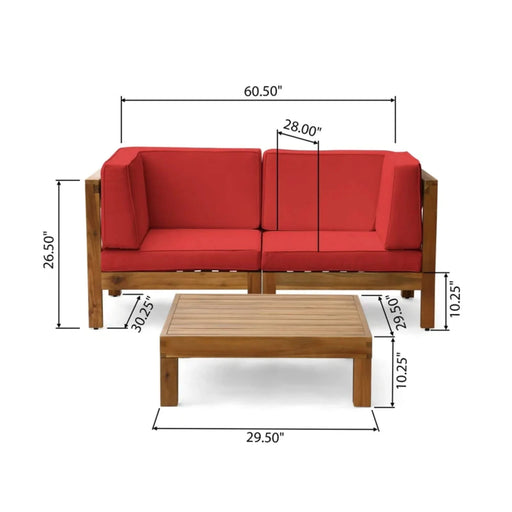 OANA 3-Piece Love Seat Set with Coffee Table, Red Acacia Wood and Water-Resistant Cushions Default -DTYStore