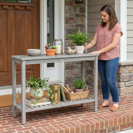 DTY Outdoor Living Eucalyptus Wood Console Table, Two-Shelf Outdoor Buffet, Weather-Resistant Finish - Multiple Colors Available