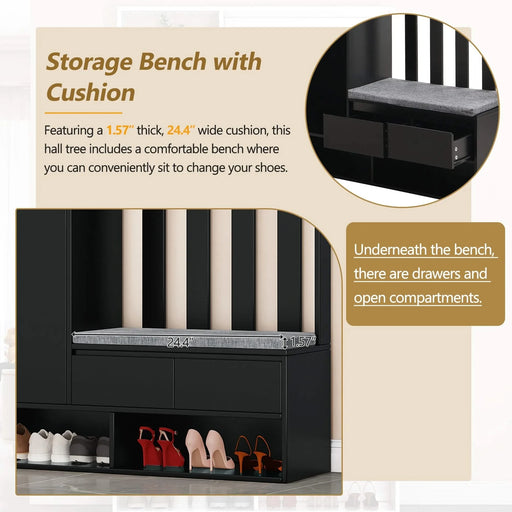 ON-TREND Contemporary 39.3''Wx70.8''H Hall Tree Storage with Cushioned Storage Bench, Multifunctional Hallway Shoe Cabinet with Pegboard, Modern Coat Rack with 4 Hooks for Entryway, Mudroom, Black Default -DTYStore