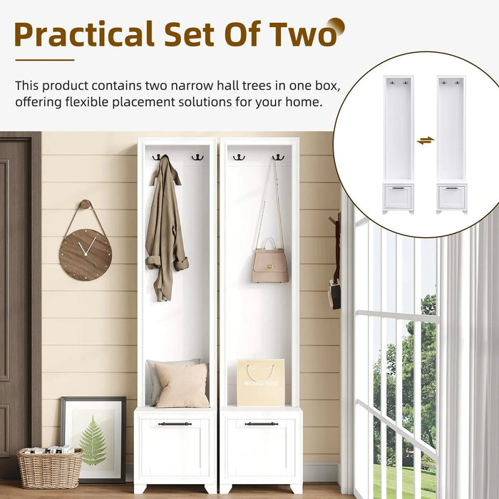 ON-TREND Elegant Free Standing Hall Tree Set of 2, Multifunctional 3-IN-1 Entryway Coat Rack with Black Retro Handles, Seating Bench with Storage Drawers for Hallway, Living Room, White, 31.4'W*70.8'H Default -DTYStore