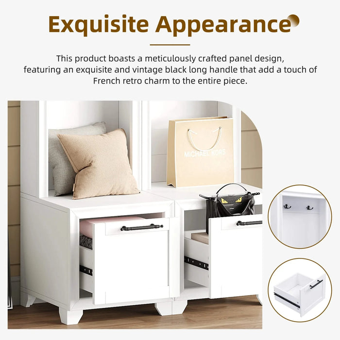 ON-TREND Elegant Free Standing Hall Tree Set of 2, Multifunctional 3-IN-1 Entryway Coat Rack with Black Retro Handles, Seating Bench with Storage Drawers for Hallway, Living Room, White, 31.4'W*70.8'H Default -DTYStore