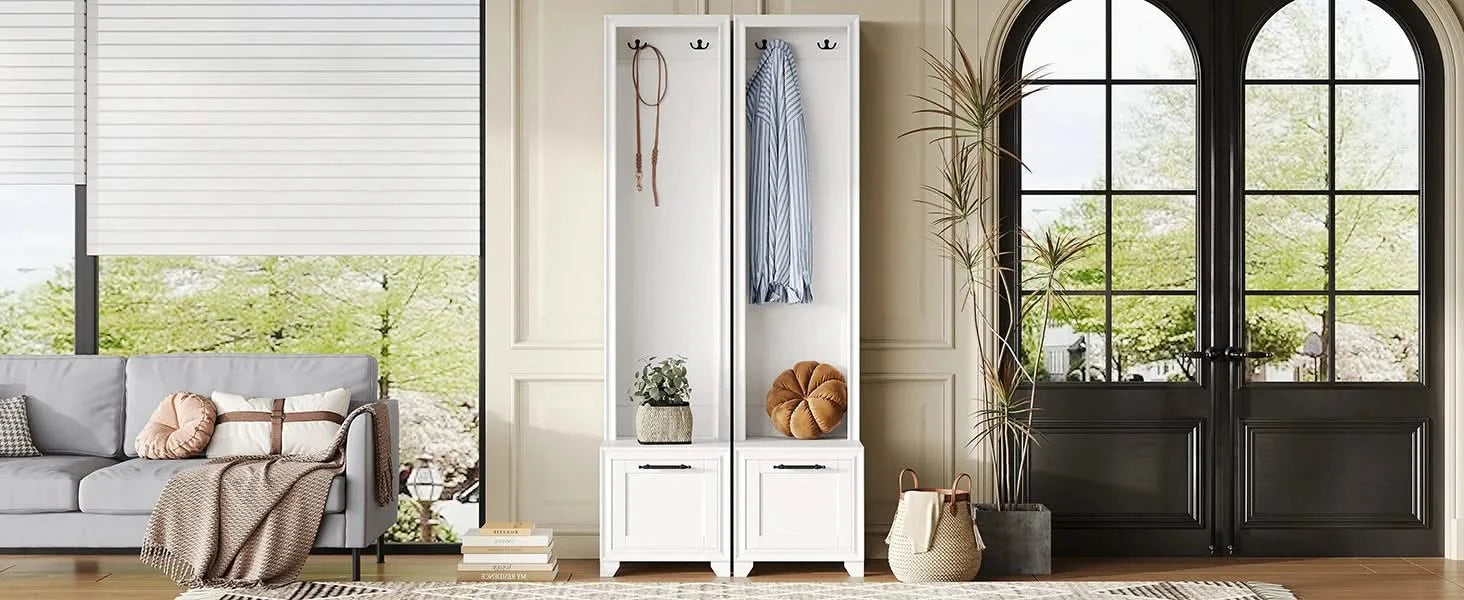 ON-TREND Elegant Free Standing Hall Tree Set of 2, Multifunctional 3-IN-1 Entryway Coat Rack with Black Retro Handles, Seating Bench with Storage Drawers for Hallway, Living Room, White, 31.4'W*70.8'H Default -DTYStore