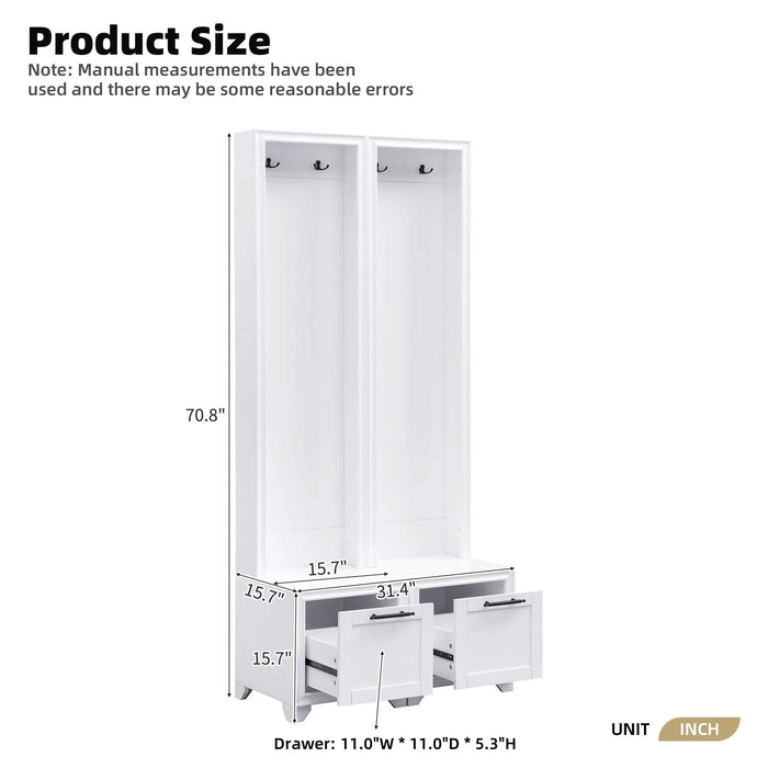 ON-TREND Elegant Free Standing Hall Tree Set of 2, Multifunctional 3-IN-1 Entryway Coat Rack with Black Retro Handles, Seating Bench with Storage Drawers for Hallway, Living Room, White, 31.4'W*70.8'H Default -DTYStore