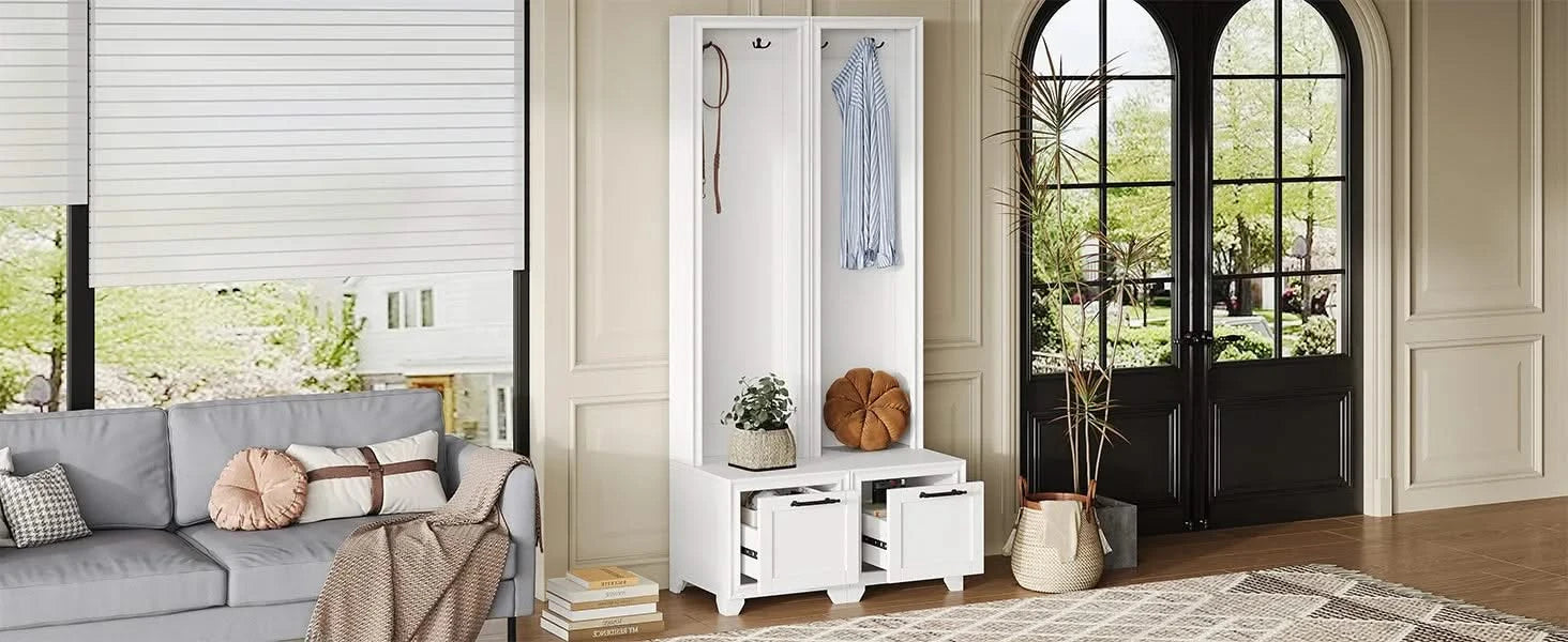 ON-TREND Elegant Free Standing Hall Tree Set of 2, Multifunctional 3-IN-1 Entryway Coat Rack with Black Retro Handles, Seating Bench with Storage Drawers for Hallway, Living Room, White, 31.4'W*70.8'H Default -DTYStore