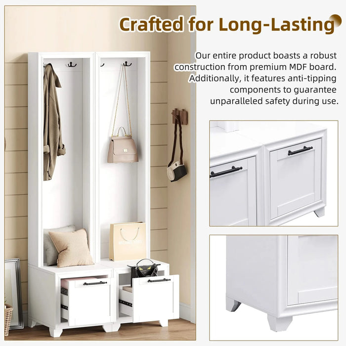 ON-TREND Elegant Free Standing Hall Tree Set of 2, Multifunctional 3-IN-1 Entryway Coat Rack with Black Retro Handles, Seating Bench with Storage Drawers for Hallway, Living Room, White, 31.4'W*70.8'H Default -DTYStore