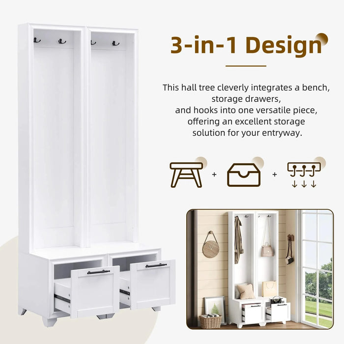 ON-TREND Elegant Free Standing Hall Tree Set of 2, Multifunctional 3-IN-1 Entryway Coat Rack with Black Retro Handles, Seating Bench with Storage Drawers for Hallway, Living Room, White, 31.4'W*70.8'H Default -DTYStore