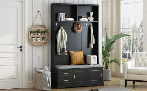 ON-TREND Elegant Hall Tree with Sliding Doors, Versatile Coat Rack with 6 Silvery Hooks & Handles, Mudroom Bench Cabinet with Shoe Storage & 44.4'W Cushion for Hallway, Living Room, Black, 47.2*78.7 Default -DTYStore