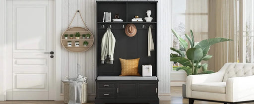 ON-TREND Elegant Hall Tree with Sliding Doors, Versatile Coat Rack with 6 Silvery Hooks & Handles, Mudroom Bench Cabinet with Shoe Storage & 44.4'W Cushion for Hallway, Living Room, Black, 47.2*78.7 Default -DTYStore