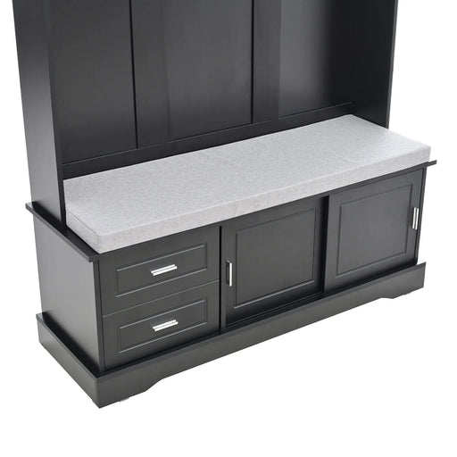 ON-TREND Elegant Hall Tree with Sliding Doors, Versatile Coat Rack with 6 Silvery Hooks & Handles, Mudroom Bench Cabinet with Shoe Storage & 44.4'W Cushion for Hallway, Living Room, Black, 47.2*78.7 Default -DTYStore