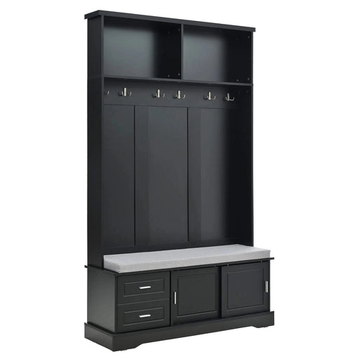 ON-TREND Elegant Hall Tree with Sliding Doors, Versatile Coat Rack with 6 Silvery Hooks & Handles, Mudroom Bench Cabinet with Shoe Storage & 44.4'W Cushion for Hallway, Living Room, Black, 47.2*78.7 Default -DTYStore